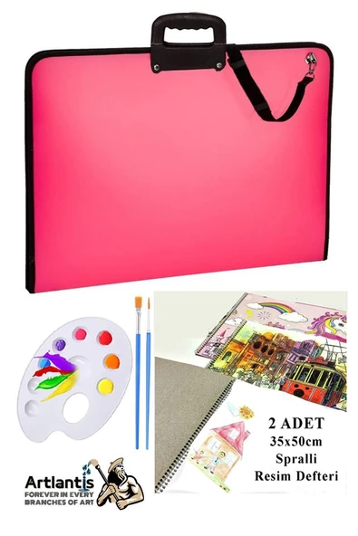 Resim Çantası 35x50 cm Resim Defteri Palet Fırça Seti 1 Paket Pembe Resim Proje Çantası Fermuarlı Kulplu 37x54 cm ürün görseli 1