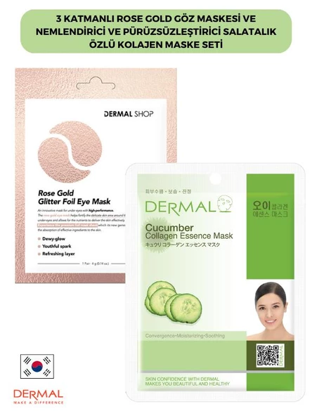3 Katmanlı Rose Gold Göz Maskesi ve Nemlendirici Ve Pürüzsüzleştirici Salatalık Özlü Kolajen Maske Seti ürün görseli 1