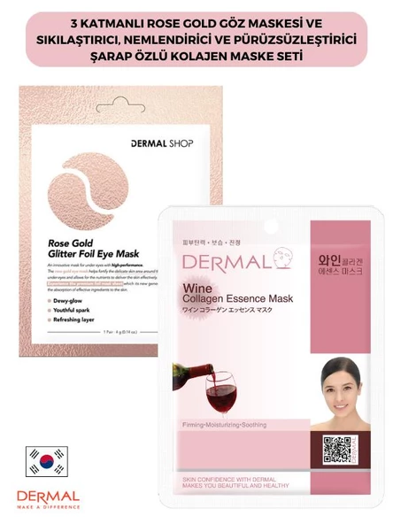 3 Katmanlı Rose Gold Göz Maskesi ve Sıkılaştırıcı, Nemlendirici Ve Pürüzsüzleştirici Şarap Özlü Kolajen Maske Seti ürün görseli 1