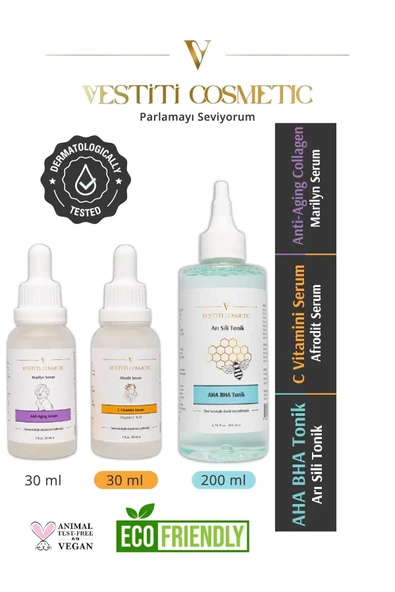 VESTİTİ COSMETİC,AHA BHA Tonik - C Vitamini Serum - Anti Aging Serum 3’lü Set ürün görseli 1
