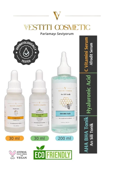 VESTİTİ COSMETİC,AHA BHA Tonik - Hyaluronic Acid Serum - C Vitamini Serum 3’lü Set ürün görseli 1