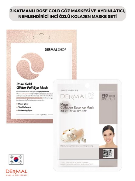 3 Katmanlı Rose Gold Göz Maskesi ve Aydınlatıcı, Nemlendirici Inci Özlü Kolajen Maske Seti ürün görseli 1