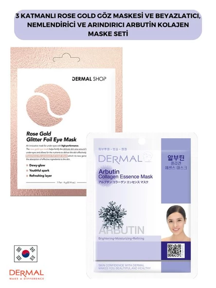 3 Katmanlı Rose Gold Göz Maskesi ve Beyazlatıcı, Nemlendirici Ve Arındırıcı Arbutin Kolajen Maske Seti ürün görseli 1