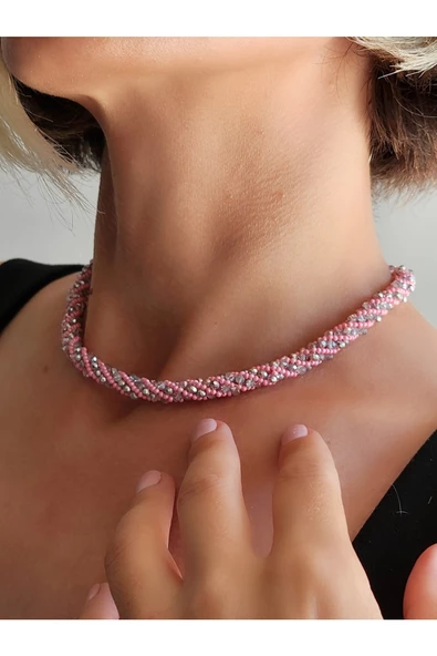 Etnik Bohem Sarmal Dönmeli Model Kristal Pembe Gümüş Taşlı Kristal Boncuk Kolye ürün görseli 1