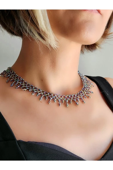 Etnik Bohem Mor Pembe Rengarenk Salkım Model Kum Kristal Boncuk Kolye El Yapımı ürün görseli 1