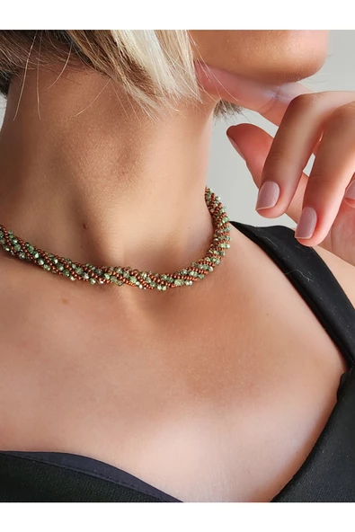 Etnik Bohem Sarmal Dönmeli Model Kristal YeşTaşlı Kristal Boncuk Kolye ürün görseli 1