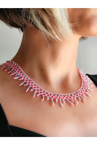 Etnik Bohem Pembe Gümüş Salkım Model Kum Kristal Boncuk Kolye El Yapımı ürün görseli 1