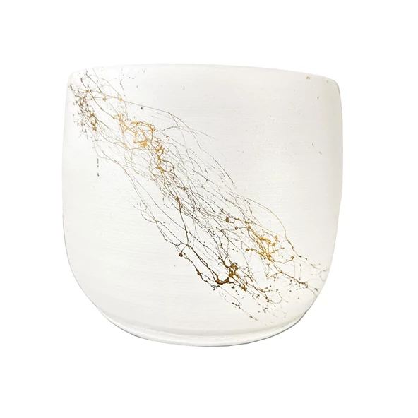 Bitki Tasarımı Beyaz Üzeri Gold Mermer Efektli Toprak Saksı Saksılık Salon Çiçeklik - 19 CM ürün görseli 1