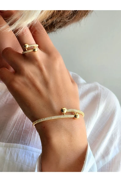 Vintage Top Model Retro Mikro Kakma Kuyum İşçiliği Bileklik Yüzük Gold Çelik Set ürün görseli 1