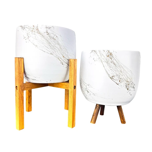 Bitki Tasarımı Beyaz Üzeri Gold Mermer Efektli Toprak Saksı Saksılık Salon Çiçeklik İkili Set 3 Ayaklı- 4 Ayaklı- 19 CM ürün görseli 1