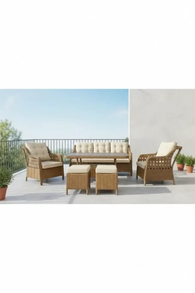 adımshops Metal Gövdeli  3+1+1+2puf+masa Rattan Bahçe Balkon Mobilyası, 7 Kişilik Bahçe Takımı ürün görseli 1