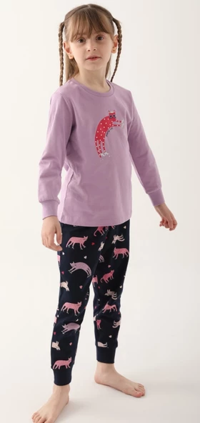 Party Cat Lila Kız Çocuk Uzun Kol Pijama Takım ürün görseli 1