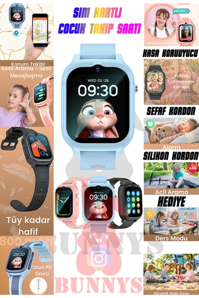 Bunnys   Sim Kartlı Akıllı Çocuk Takip Saati 4G Arama Konuşma Özellikli Konum Takibi HEDİYELİ ürün görseli 1