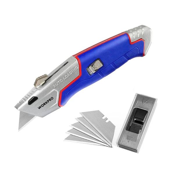 WORKPRO WP213012 Ağır Hizmet Alüminyum Gövde Geri Çekilebilir Rötuş Maket Bıçağı + 4 Adet Yedek Bıçak ürün görseli 1