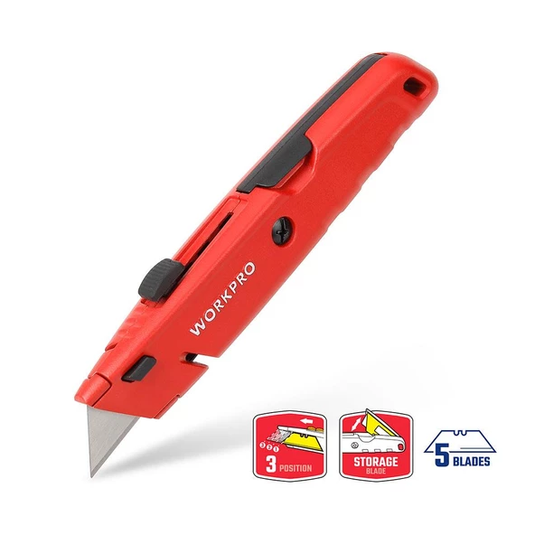 WORKPRO WP213009 Ağır Hizmet Alüminyum Gövde Geri Çekilebilir Rötuş Maket Bıçağı + 5 Adet Yedek Bıçak ürün görseli 1