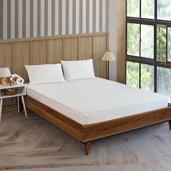 Pamuklu Saten Çizgili Lastikli Çarşaf Seti 160x200cm Kılıfı 50x70 Cm Çift Kişilik Krem ürün görseli 1
