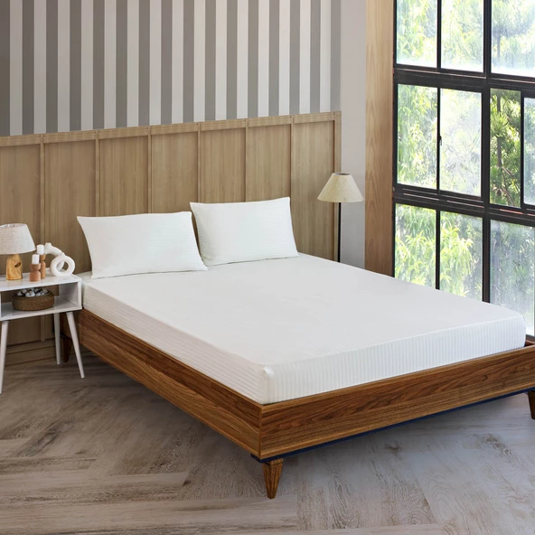 Pamuklu Saten Çizgili Lastikli Çarşaf Takımı 180x200cm Yastık Kılıfı 50x70 Cm Çift Kişilik Krem ürün görseli 1