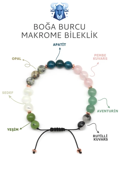 Boğa Burcu Taşlarından Oluşan Doğal Taş Makrome Bileklik 8 mm Küre Kesim - Burç Bilekliği ürün görseli 1