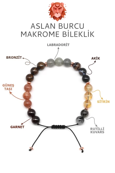 Aslan Burcu Taşlarından Oluşan Doğal Taş Makrome Bileklik 8 mm Küre Kesim - Burç Bilekliği ürün görseli 1
