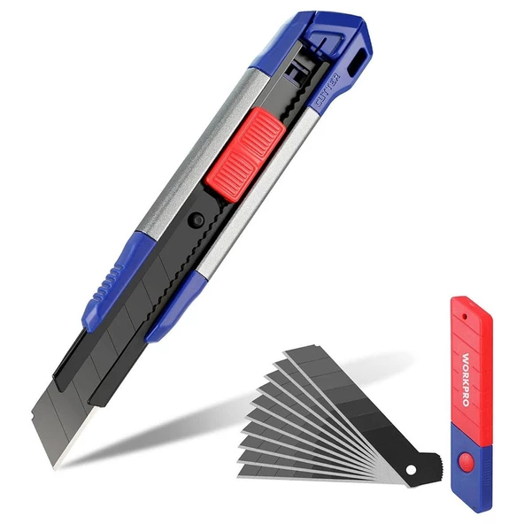 WORKPRO WP212022 18MM Ağır Hizmet Alüminyum Kasa Maket Bıçağı + 10 Adet Yedek Bıçak ürün görseli 1