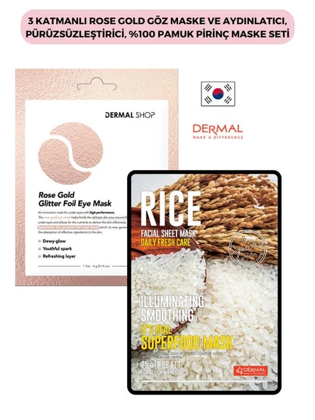 3 Katmanlı Rose Gold Göz Maske ve Aydınlatıcı, Pürüzsüzleştirici, %100 Pamuk Pirinç Maske Seti ürün görseli 1