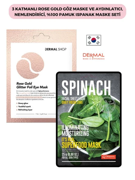 3 Katmanlı Rose Gold Göz Maske Ve Aydınlatıcı, Nemlendirici, %100 Pamuk Ispanak Maske Seti ürün görseli 1