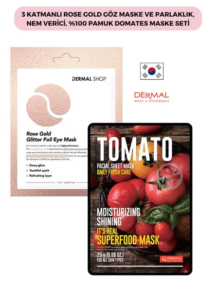 3 Katmanlı Rose Gold Göz Maske ve Parlaklık, Nem Verici, %100 Pamuk Domates Maske Seti ürün görseli 1