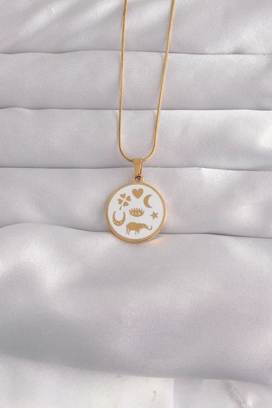 316L Çelik Gold Renk Beyaz Mineli Karışık Figürlü Tarot Kolye TJ-BKO9041 ürün görseli 1