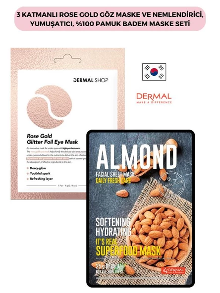 3 Katmanlı Rose Gold Göz Maske ve Nemlendirİci, Yumuşatıcı, %100 Pamuk Badem Maske Seti ürün görseli 1