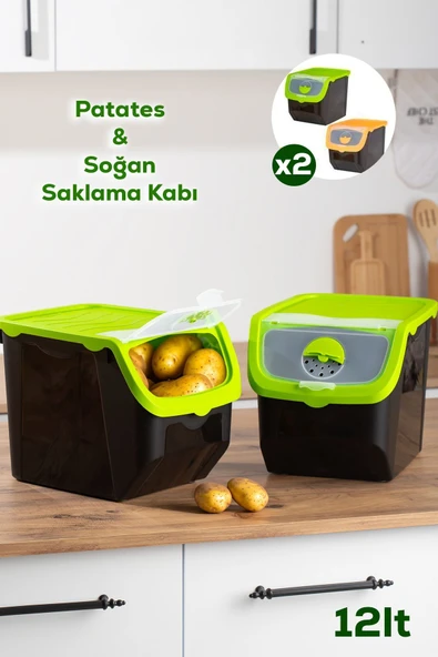 Porsima 1506 Yeşil 2'li Çok Amaçlı Plastik Patates Soğan Sarımsak Oyuncak Erzak Saklama Kutusu 12L ürün görseli 1