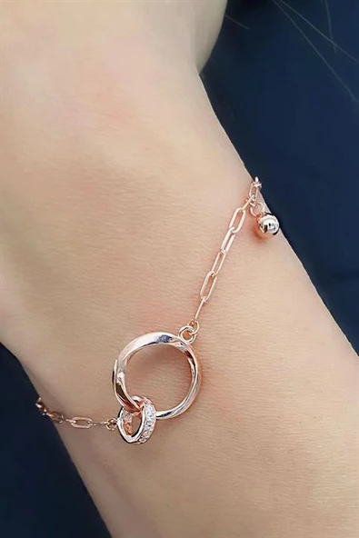 Zirkon Taş Detaylı 925Ayar Gümüş Üzerine Rose Altın Kaplama İtalyan Sevgi Bağı Bileklik ürün görseli 1