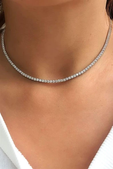 Pırlanta Parlaklığında Swarovski Taşlı 925Ayar Gümüş Su Yolu Choker Kolye ürün görseli 1