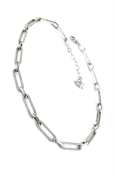 Pırlanta Parlaklığında Zirkon Taşlı 925Ayar Gümüş Tasarım Choker Kolye ürün görseli 1