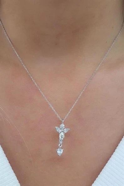 Zirkon Kalp Taşlı 925Ayar Gümüş 3 Boyutlu Tasarım Eros Aşk Meleği Kolye ürün görseli 1