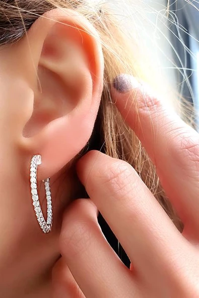 Zirkon Taşlı 925Ayar Gümüş İtalyan Tasarımı Halka Küpe ÇAP 3 Cm ürün görseli 1