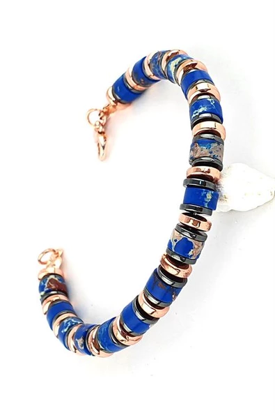 Lapis Lazuli  Hematit Taşlı Çelik Detaylı Tasarım Doğal Taş Bileklik ürün görseli 1