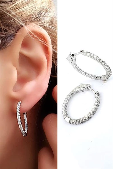 İci Dışı Zirkon Taşlı 925Ayar Gümüş İtalyan Tasarımı Halka Küpe Küpe Çapı 2.5 Cm ürün görseli 1