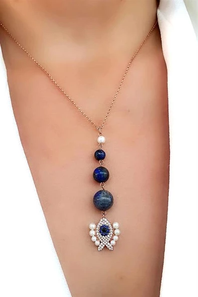 Kum İnci Detaylı Lapis Lazuli Taşlı 925Ayar Gümüş Üzerine Rose Altın Kaplama Ayarlanabilir Asansörlü Trend Balık Kolye ürün görseli 1
