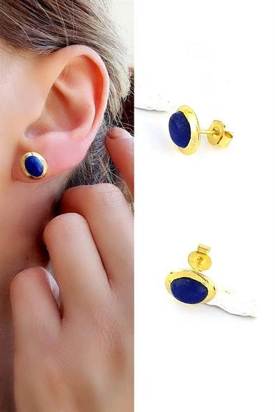 Lapis Lazuli Taşlı 925Ayar Gümüş Üzerine Altın Kaplama Tasarım Doğal Taş Minimal Oval  Küpe ürün görseli 1