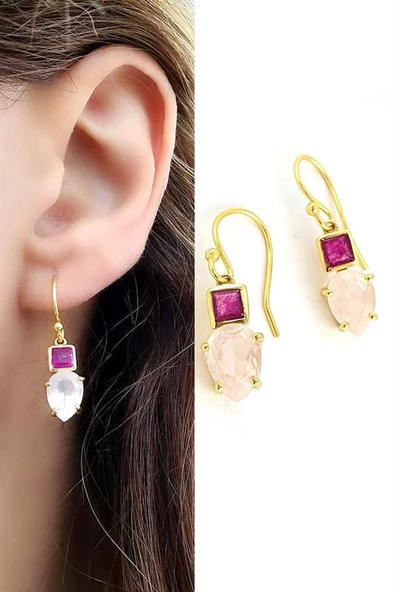 Pembe Turmalin Ve Pembe Kuvars  Taşlı 925Ayar Gümüş Üzerine Altın Kaplama Tasarım Doğal Taş Küpe ürün görseli 1