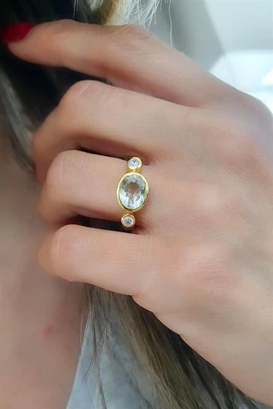Mavi Topaz Ve Zirkon Taş Detaylı 925Ayar Gümüş Üzerine Altın Kaplama Tasarım Doğal Taş Yüzük ürün görseli 1