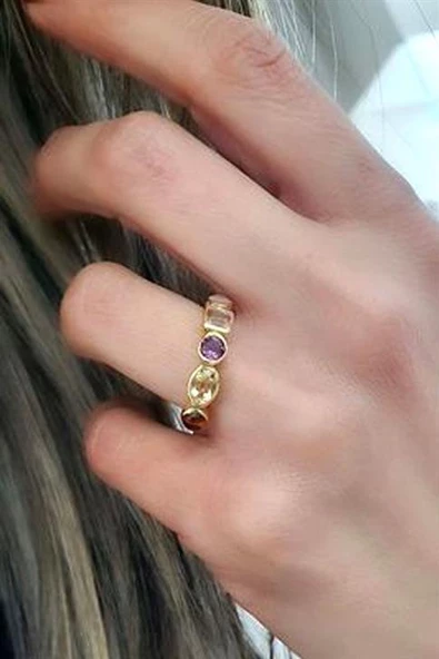 Pembe Kuvars Ametist Sitrin Granat Taşlı 925Ayar Gümüş Üzerine Altın Kaplama Tasarım Doğal Taş Yüzük ürün görseli 1