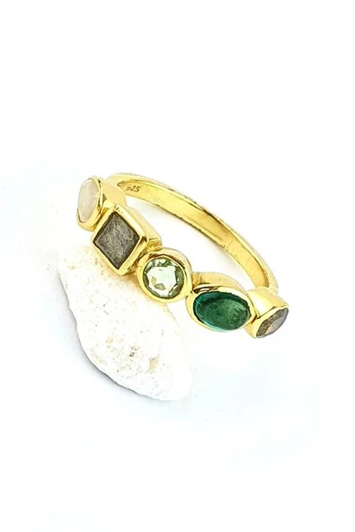 Ay Taşı Labrodorite  Aquamarin  Peridot Taşlı 925Ayar Gümüş Üzerine Altın Kaplama Tasarım Doğal Taş Yüzük ürün görseli 1