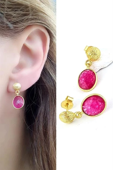 Pembe Turmalin Taşlı 925Ayar Gümüş Üzerine Altın Kaplama Tasarım Doğal Taş Küpe ürün görseli 1