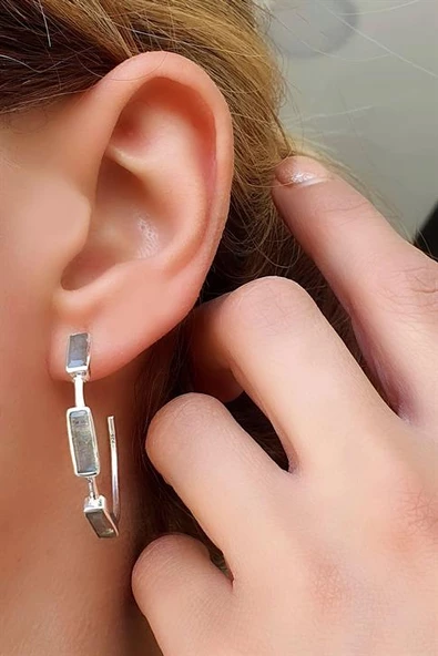 Labrodorite Taşlı 925Ayar Gümüş Tasarım Doğal Taş Halka Küpe ürün görseli 1