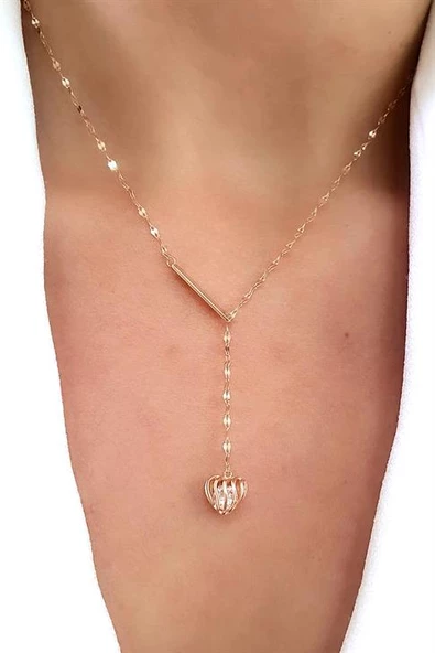 İtalyan 925Ayar Gümüş Üzerine Rose Altın Kaplama Kalp İçinde Swarovski Taşlı Ayarlanabilir Y Kolye ürün görseli 1