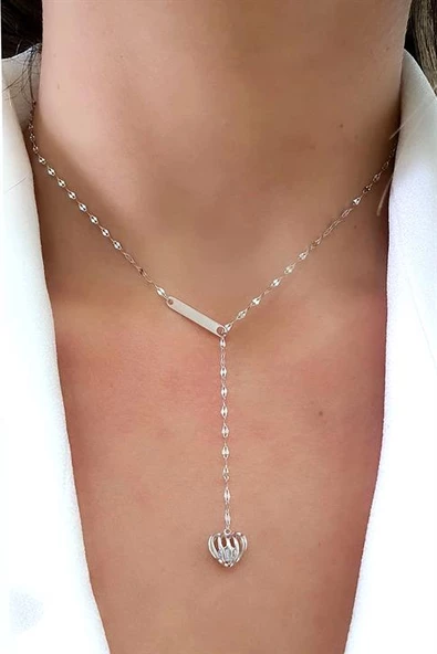 İtalyan 925Ayar Gümüş Kalp İçinde Swarovski Taşlı Ayarlanabilir Y Kolye ürün görseli 1