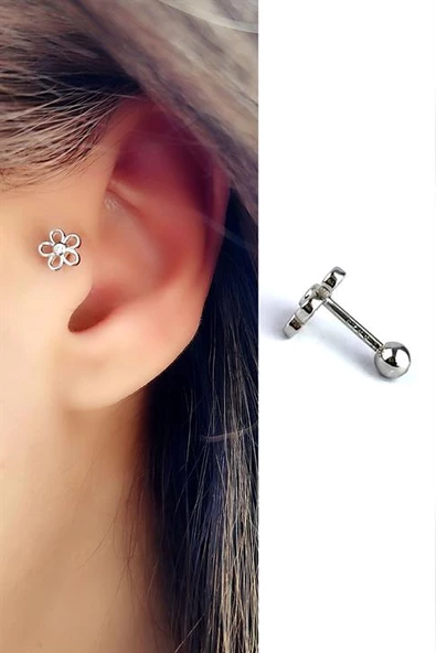 Zirkon Taş Detaylı 925 Ayar Gümüş Tragus Kıkırdak Piercing ürün görseli 1