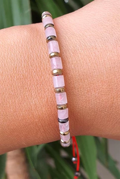 Pembe Kuvars Ve Hematit Taşlı El İşi Tasarım Doğal Taş Bileklik ürün görseli 1