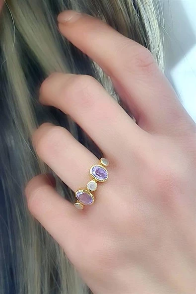 Ametist Ve  Pembe Kuvars Taşlı 925Ayar Gümüş Üzerine Altın Kaplama Tasarım Doğal Taş Yüzük ürün görseli 1